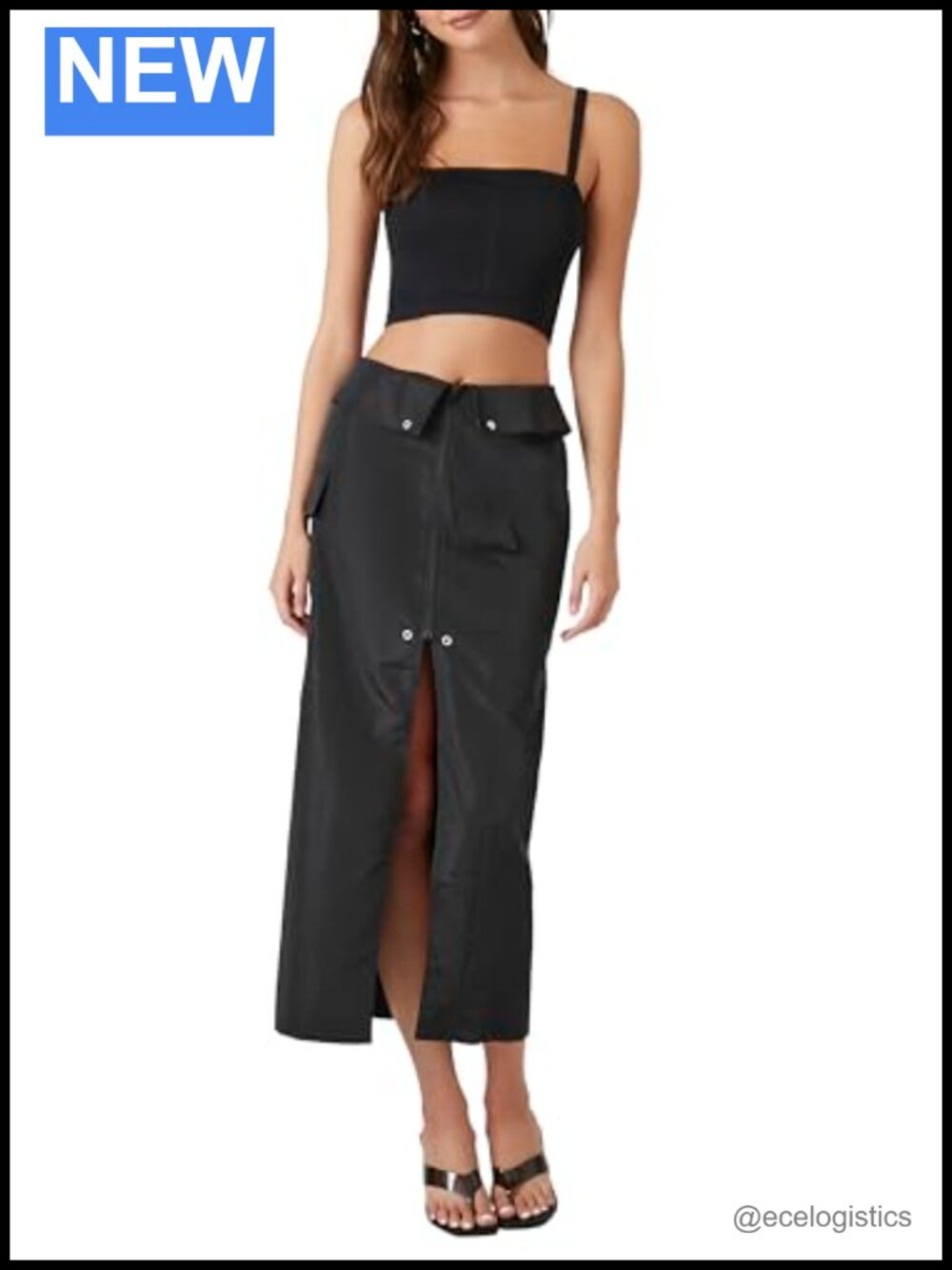 Split-Hem Cargo Maxi Skirt Foldover Zip Front Pockets Polyester